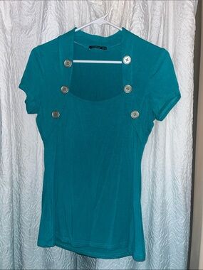 PattyBoutik Teal Short-Sleeve Scoop Neck Top with Button Detail